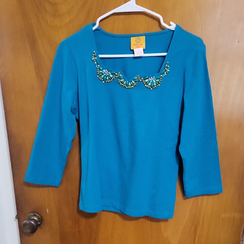 Ruby Rd Petite Size Small Beaded Square Neck Turquoise Women's Top